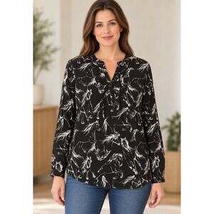 Black White Horse Print Split Neck Long Sleeve Top My Danielle Women XL
